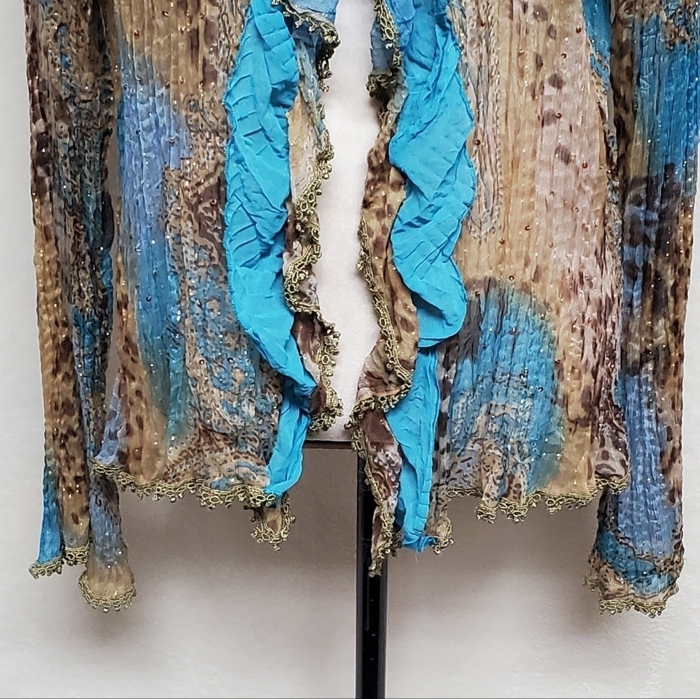 Vintage OOAK Alberto Makali Blue Leopard Print Gold Metallic Knit Abstract Top - Picture 6 of 14